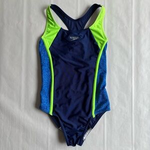 Speedo Girls Swimwear Medium M Blue green Colorblock One Piece Logo Racerback